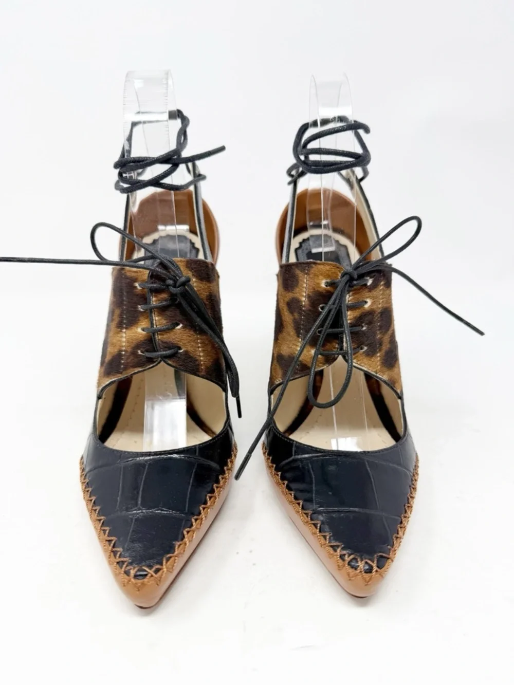 Christian Dior Leopard Calf Hair Lace Up Heels Pointed Toe Womens Size EU 37.5